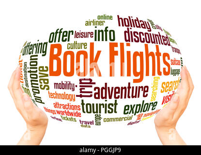 Book flights word cloud hand sphere concept on white background. Stock Photo