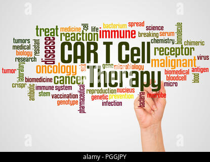CAR T Cell Therapy word cloud and hand with marker concept on gradient background. Stock Photo