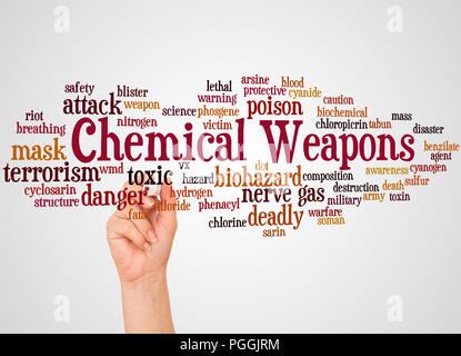 Chemical weapons word cloud and hand with marker concept on white background. Stock Photo