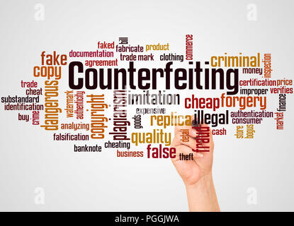 Counterfeiting word cloud and hand with marker concept on gradient background. Stock Photo
