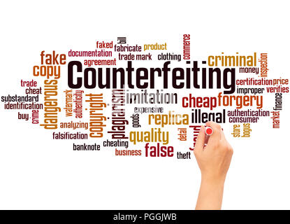 Counterfeiting word cloud and hand writing concept on white background. Stock Photo