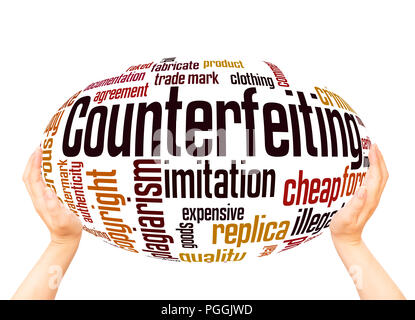 Counterfeiting word cloud sphere concept on white background. Stock Photo