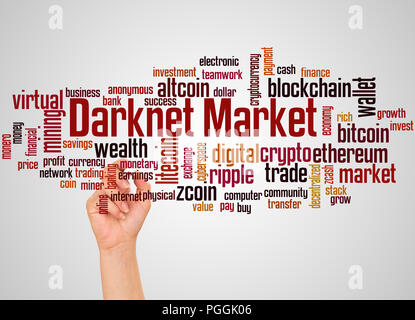 Darknet markets word cloud and hand with marker concept on gradient background. Stock Photo