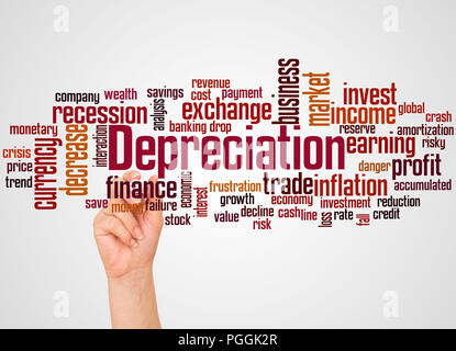 Depreciation word cloud concept and hand with marker on gradient background. Stock Photo