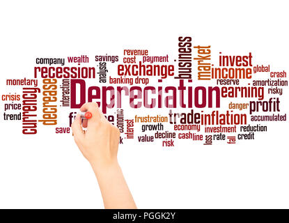 Depreciation word cloud concept and hand with marker on  white background. Stock Photo