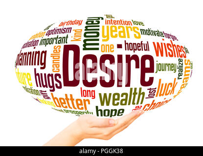 Desire word cloud hand sphere concept on white background. Stock Photo