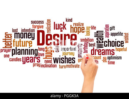 Desire word cloud and hand writing  concept on white background. Stock Photo