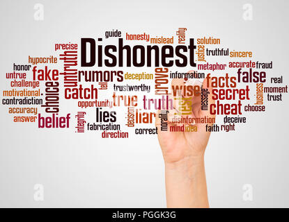 Dishonest word cloud and hand with marker concept on white background. Stock Photo