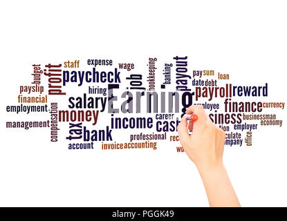 Earning word cloud and hand writing concept on white background. Stock Photo