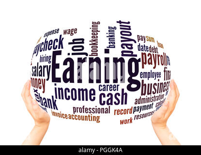 Earning word cloud sphere concept on white background. Stock Photo