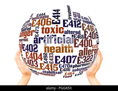 Emulsifiers, Stabilisers, Thickeners and Gelling Agents sphere word cloud concept on white background. Stock Photo