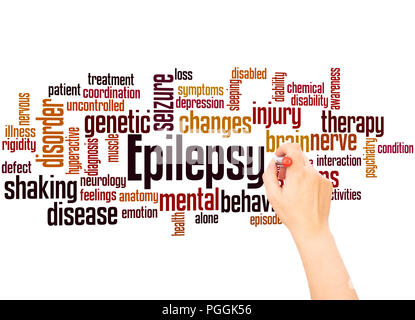 Epilepsy word cloud and hand with marker concept on white  background. Stock Photo