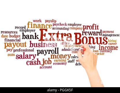 Extra bonus word cloud and hand writing concept on white background. Stock Photo