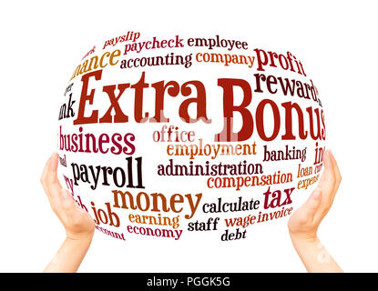 Extra bonus word cloud sphere  concept on white background. Stock Photo