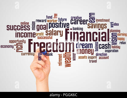 Financial Freedom word cloud and hand with marker concept on gradient background. Stock Photo