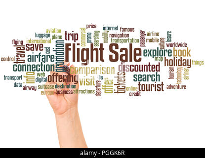 Flight Sale, word cloud and hand with marker concept on gradient background. Stock Photo