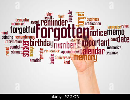 Forgotten word cloud and hand with marker concept on gradient background. Stock Photo