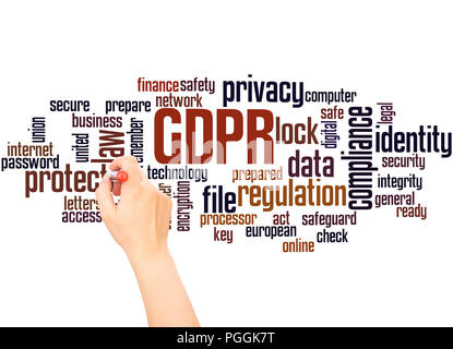 General Data Protection Regulation (GDPR) word cloud and hand writing concept on white background. Stock Photo