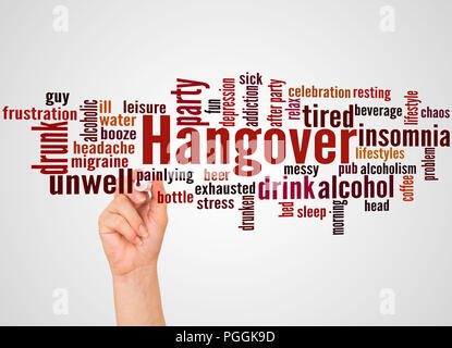 Hangover word cloud and hand with marker concept on gradient background. Stock Photo