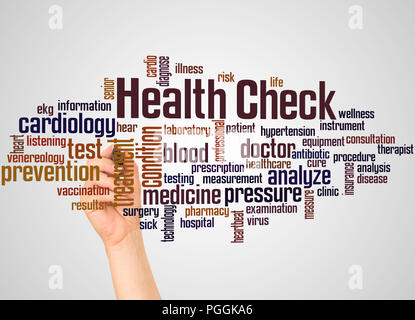 Health Check word cloud and hand with marker concept on gradient background. Stock Photo