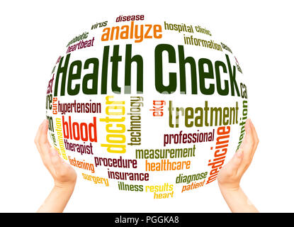 Health Check word cloud sphere concept on white background. Stock Photo