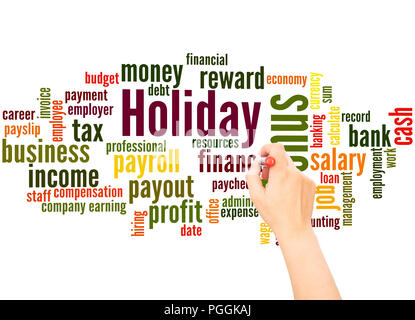 Holiday bonus word cloud and hand writing concept on white background. Stock Photo