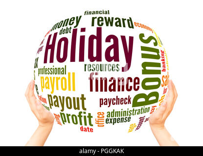 Holiday bonus word cloud sphere concept on white background. Stock Photo
