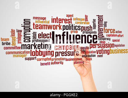 Influence word cloud and hand with marker concept on gradient background. Stock Photo