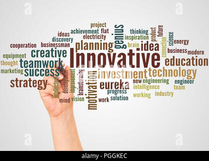 Innovate word cloud and hand with marker concept on white background. Stock Photo