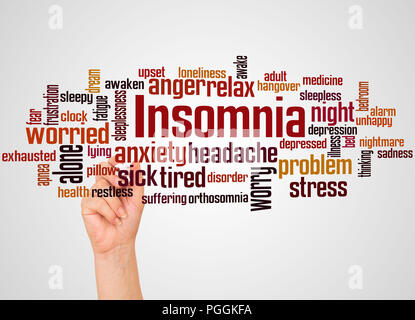 Insomnia disorder word cloud and hand with marker concept on gradient  background. Stock Photo