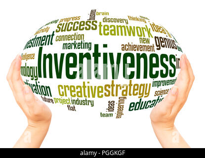 Inventiveness word cloud hand sphere concept on white background. Stock Photo