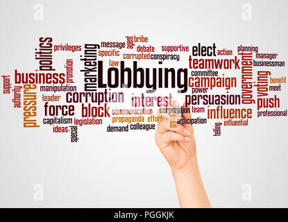 Lobbying word cloud and hand with marker concept on gradient background. Stock Photo