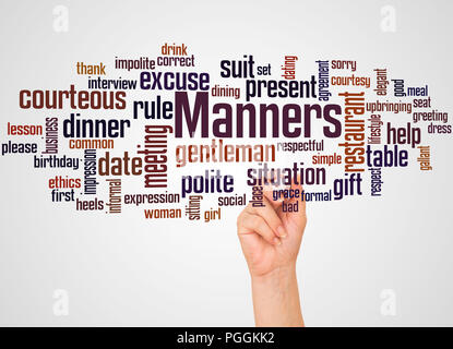 Manners word cloud and hand with marker concept on gradient background. Stock Photo