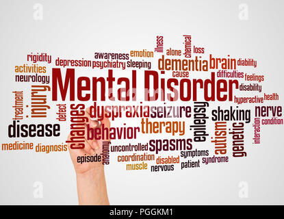 Mental disorder word cloud and hand with marker concept on gradient background. Stock Photo
