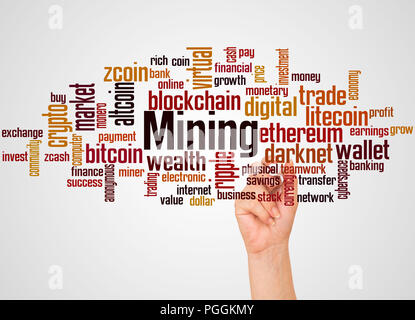 Mining word cloud and hand with marker concept on gradient background. Stock Photo