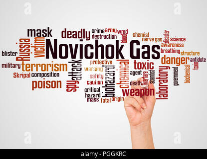 Novichok (Nuvichuk) nerve agent word cloud and hand with marker concept on gradient  background. Stock Photo
