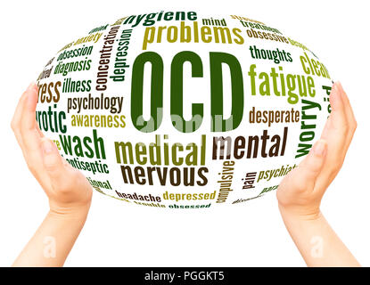OCD - Obsessive compulsive personality disorder, word cloud hand sphere concept on white background. Stock Photo
