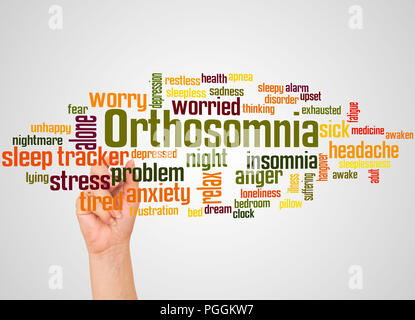 Orthosomnia word cloud and hand with marker concept on white background. Stock Photo