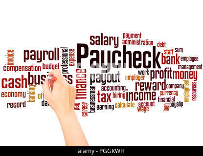 Paycheck word cloud and hand writing concept on white background. Stock Photo