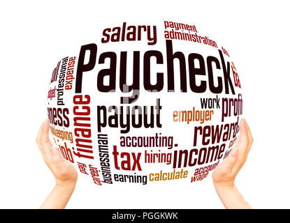 Paycheck word cloud sphere concept on white background. Stock Photo
