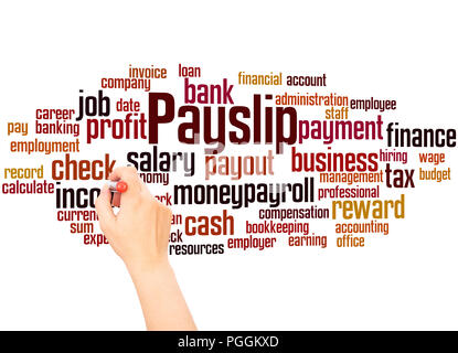 Payslip word cloud and hand writing concept on white  background. Stock Photo