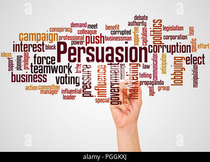 Persuasion word cloud and hand with marker concept on gradient background. Stock Photo