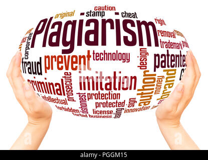 Plagiarism word cloud hand sphere concept on white background. Stock Photo