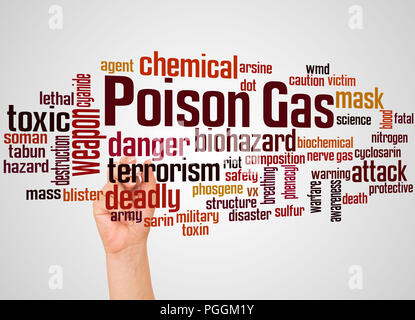 Poison gas word cloud and hand with marker concept on gradient background. Stock Photo