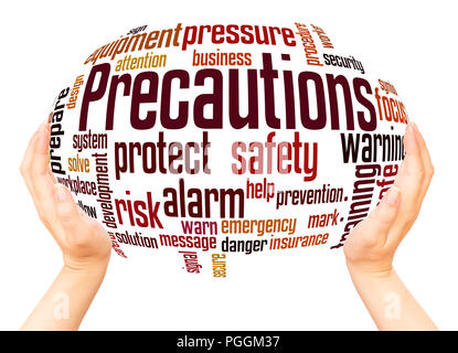 Precautions word cloud hand sphere concept on white background. Stock Photo