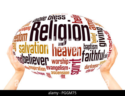 Religion word cloud hand sphere concept on white background. Stock Photo
