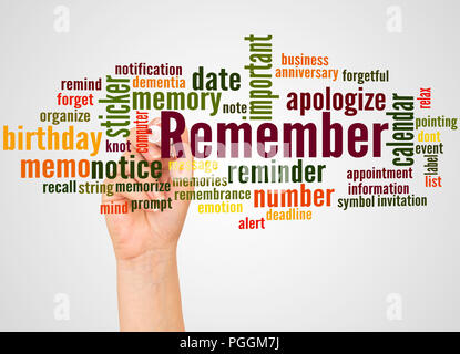 Remember, word cloud and hand with marker concept on gradient background. Stock Photo