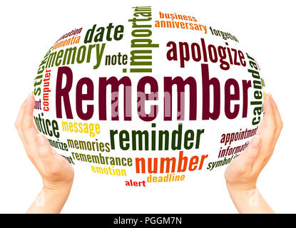 Remember word cloud hand sphere concept on white background. Stock Photo