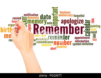 Remember word cloud hand writing concept on white background. Stock Photo