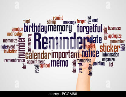 Reminder word cloud and hand with marker concept on gradient background. Stock Photo